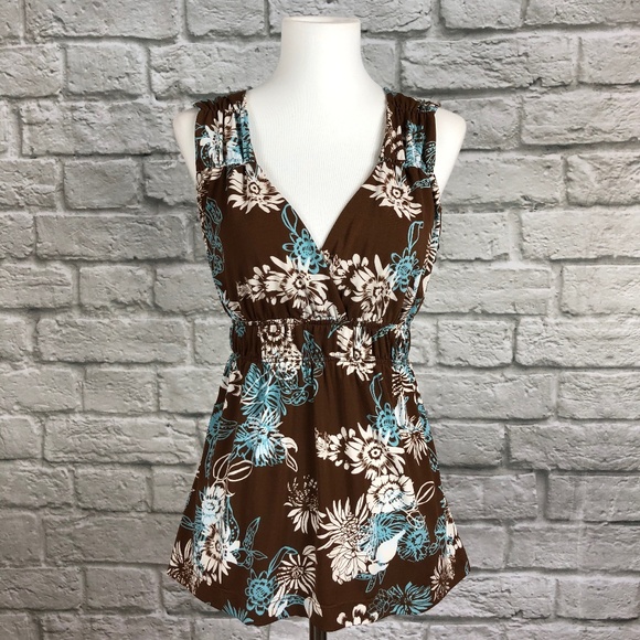 BCBGMaxAzria Tops - BCBG MaxAzria Brown Floral Babydoll Sleeveless Top